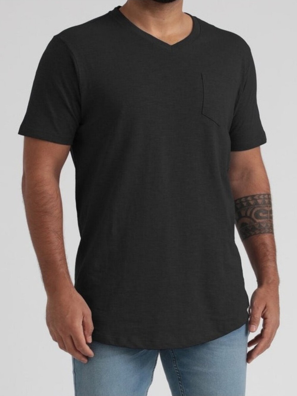 FREE PLANET Black V Neck Cotton Slub Pocket Tee Contrasted Stitching Size Large